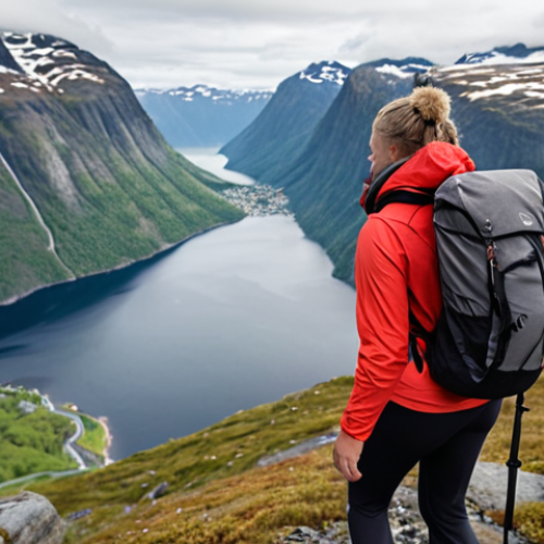 Home 4 **
A person happily hiking in the Norwegian mountains, with a backpack and a view of fjords in the background. Focus on a sense of accomplishment and the beauty of Norwegian nature.
**
