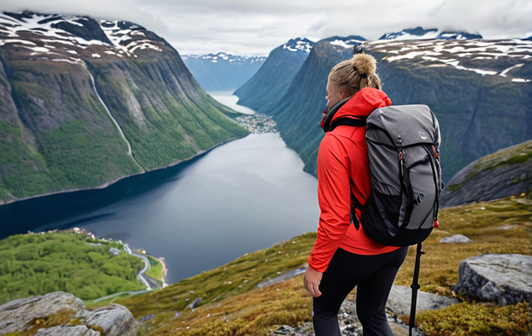 **
A person happily hiking in the Norwegian mountains, with a backpack and a view of fjords in the background. Focus on a sense of accomplishment and the beauty of Norwegian nature.
**