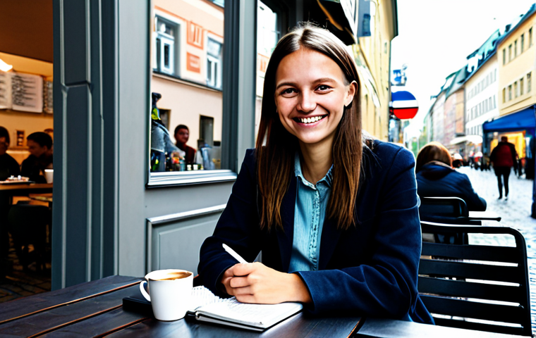 노르웨이에서 노르웨이어 배우는 방법 - Language Learning Immersion**

A friendly student fully clothed in casual wear, sitting at a café ta...