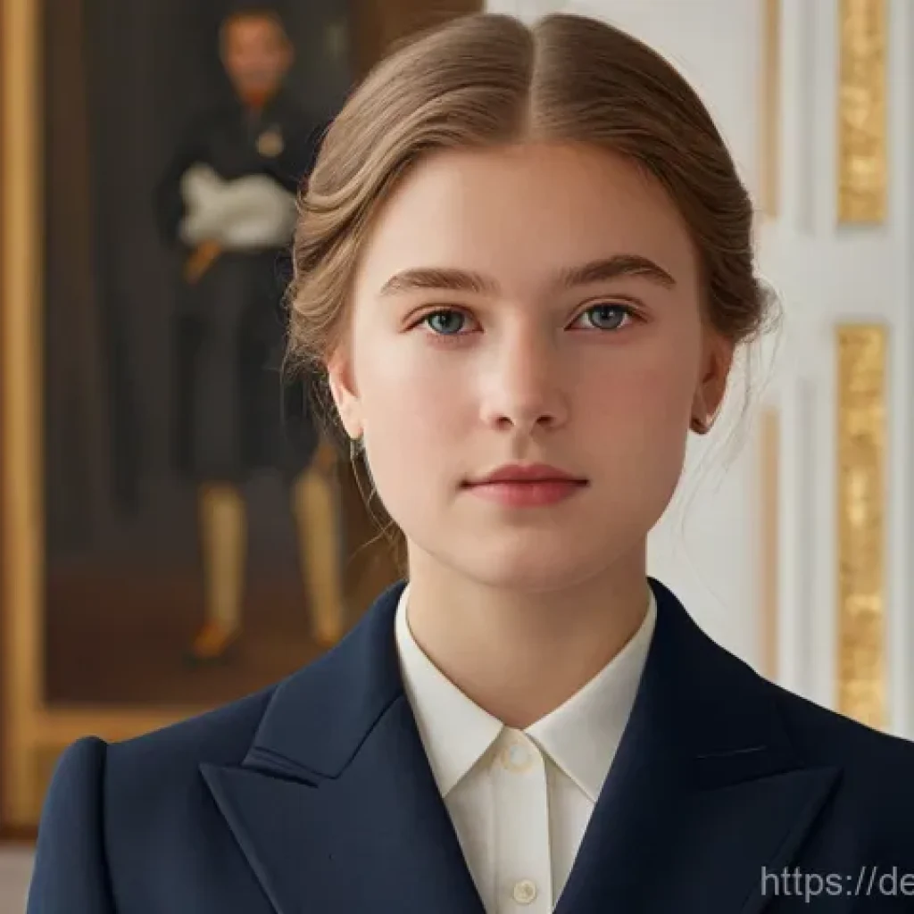 노르웨이 왕실과 왕위 계승 - A dignified portrait of Princess Ingrid Alexandra, approximately 20 years old, wearing a smart, tail...