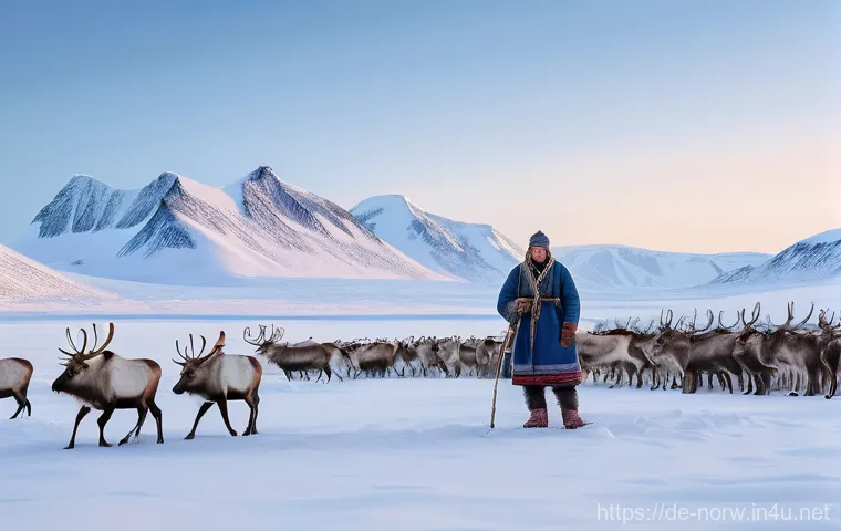 노르웨이 사미족의 문화와 전통 - **Prompt: Reindeer Herding in the Arctic Landscape**
    "A resilient Sami adult, dressed in practic...