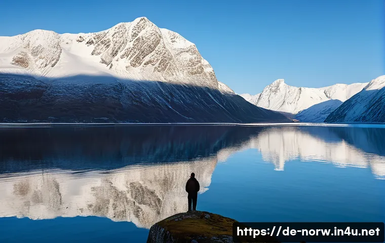 노르웨이에서의 종교와 신앙 생활 - A Solitary Moment of Spiritual Reflection in the Fjords**

A solitary person, dressed in warm, modes...