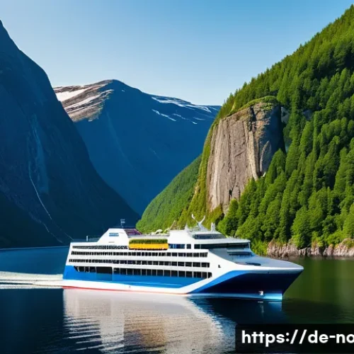 노르웨이 해양 산업 - A modern Norwegian hybrid-powered ferry cruising silently through a deep fjord at sunset, surrounded...