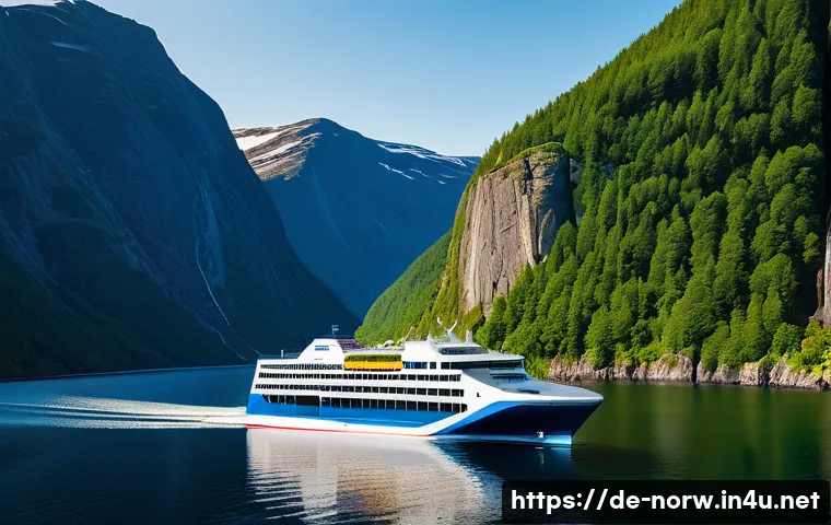 노르웨이 해양 산업 - A modern Norwegian hybrid-powered ferry cruising silently through a deep fjord at sunset, surrounded...