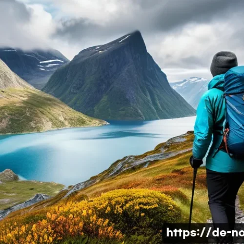 노르웨이 여행 시 주의사항 - A detailed outdoor hiking scene in Norway during early autumn, showing a person wearing layered clot...