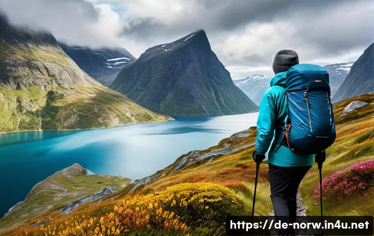 노르웨이 여행 시 주의사항 - A detailed outdoor hiking scene in Norway during early autumn, showing a person wearing layered clot...