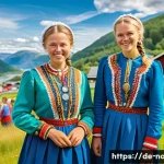 노르웨이 전통 축제 - A vibrant outdoor scene during a traditional Norwegian festival in Telemark, featuring men and women...