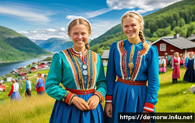 노르웨이 전통 축제 - A vibrant outdoor scene during a traditional Norwegian festival in Telemark, featuring men and women...