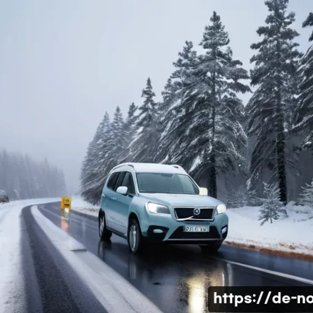 노르웨이 교통 사고 및 안전 대책 - A detailed winter scene on a rural Norwegian road showing a modern car equipped with winter tires an...