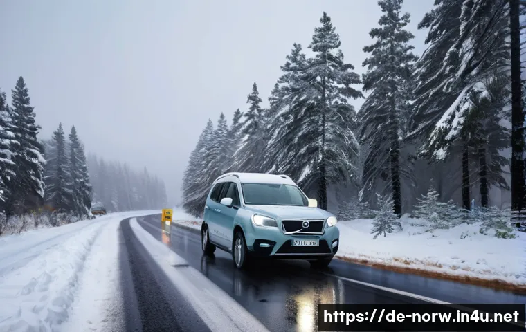 노르웨이 교통 사고 및 안전 대책 - A detailed winter scene on a rural Norwegian road showing a modern car equipped with winter tires an...