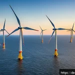 Home 22 노르웨이 스타트업 환경 - A modern offshore wind farm scene during sunrise in the North Sea, featuring sleek wind turbines equ...