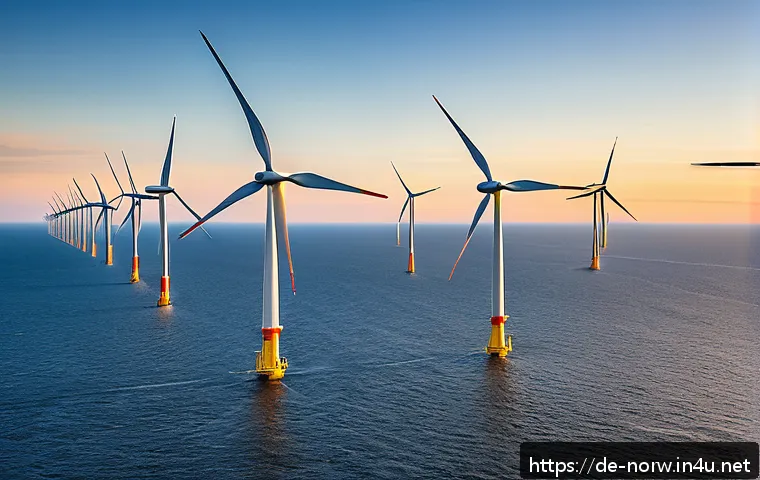 노르웨이 스타트업 환경 - A modern offshore wind farm scene during sunrise in the North Sea, featuring sleek wind turbines equ...
