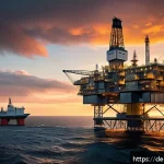 Home 21 노르웨이 유전 개발 역사 - A detailed and realistic offshore oil platform in the North Sea during a dramatic sunset, showcasing...