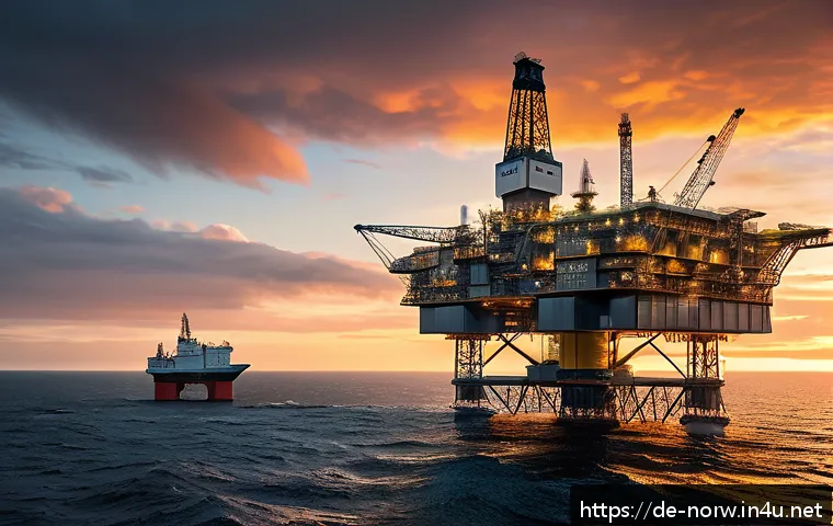 노르웨이 유전 개발 역사 - A detailed and realistic offshore oil platform in the North Sea during a dramatic sunset, showcasing...