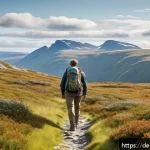 Home 20 노르웨이에서 법적으로 금지된 것들 - A serene Norwegian wilderness scene featuring a respectful hiker wearing weather-appropriate clothin...