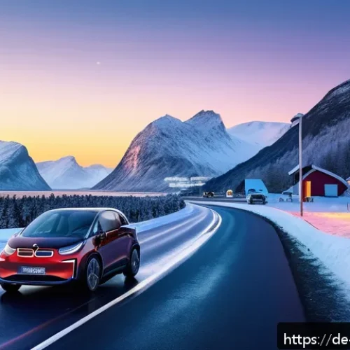 Home 31 노르웨이의 자동차 보유율 - A scenic Norwegian rural landscape during winter twilight, featuring a winding road connecting dista...