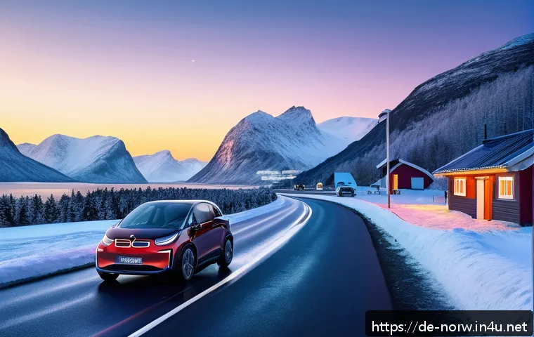 노르웨이의 자동차 보유율 - A scenic Norwegian rural landscape during winter twilight, featuring a winding road connecting dista...