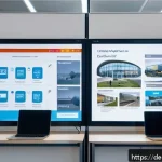 Home 23 노르웨이의 난민 정책 - A modern Norwegian asylum application center interior, showing diverse refugees and officials engage...
