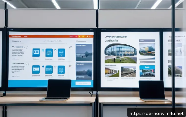 노르웨이의 난민 정책 - A modern Norwegian asylum application center interior, showing diverse refugees and officials engage...