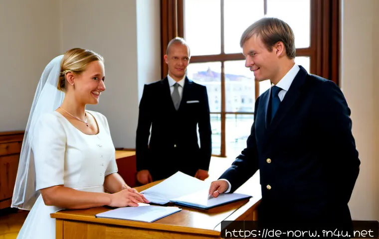 노르웨이에서 결혼하는 법 - Photorealistic documentary-style scene of a German couple in elegant modest wedding attire meeting a...