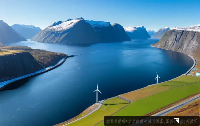노르웨이의 신재생에너지 투자 - Photorealistic wide coastal landscape in Norway showing a modern offshore wind farm beside a hydroel...