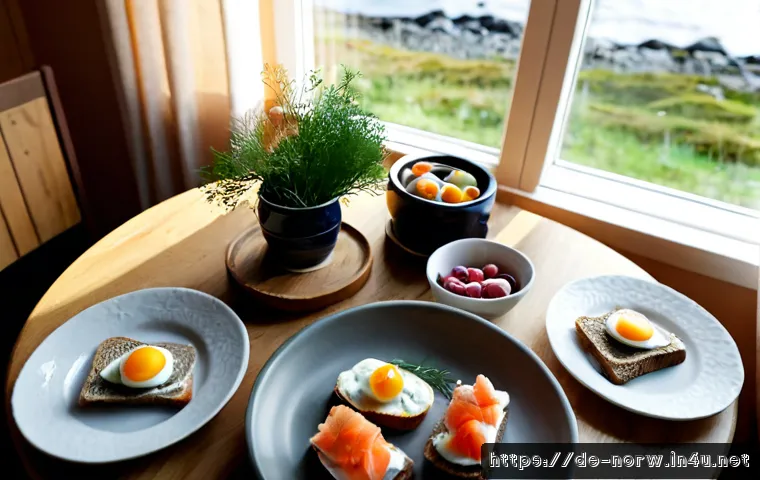 노르웨이 음식 문화와 인기 요리 - Photorealistic overhead dining table in a cozy Norwegian coastal home, featuring traditional open-fa...
