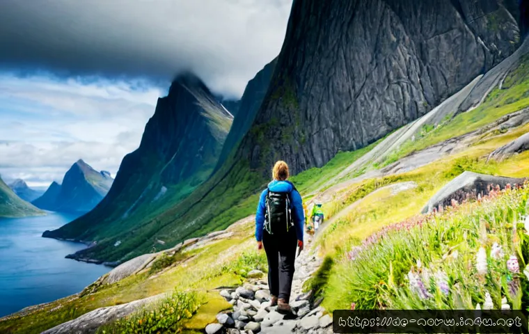 노르웨이 하이킹 코스 추천 - Photorealistic wide landscape of the Lofoten Islands, Norway: two adult hikers in modest weatherproo...