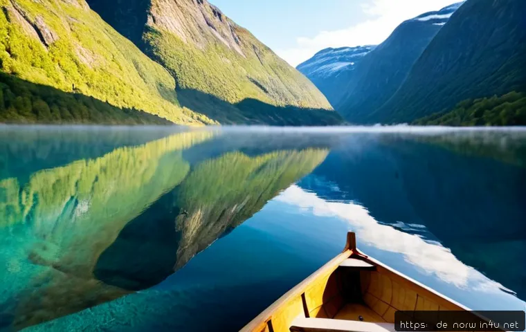 노르웨이에서 가장 아름다운 호수 - Photorealistic panoramic view of Lovatnet Lake in Norway, glassy turquoise water reflecting steep sn...