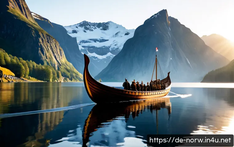 노르웨이 바이킹 역사 - Photorealistic historical reconstruction of a Norwegian Viking longship sailing through a calm fjord...