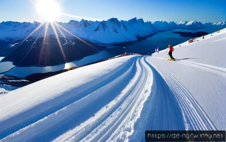 노르웨이 스키 리조트 추천 - Photorealistic panoramic winter view of a Norwegian ski resort in the Lyngen Alps, broad groomed pis...