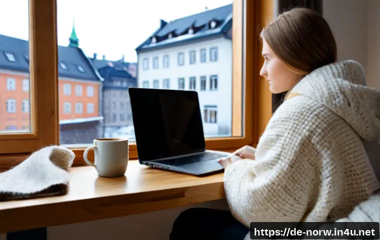 노르웨이의 디지털 노마드 문화 - Photorealistic Norwegian digital nomad working at a minimalist wooden desk beside a large window in ...