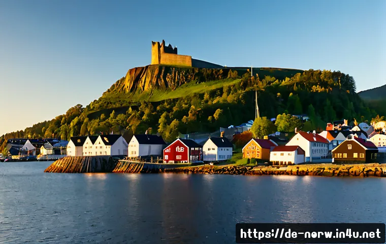 노르웨이에서 가장 오래된 마을 - Photorealistic panoramic view of Tønsberg, Norway’s oldest town, from a quiet waterfront at sunrise,...